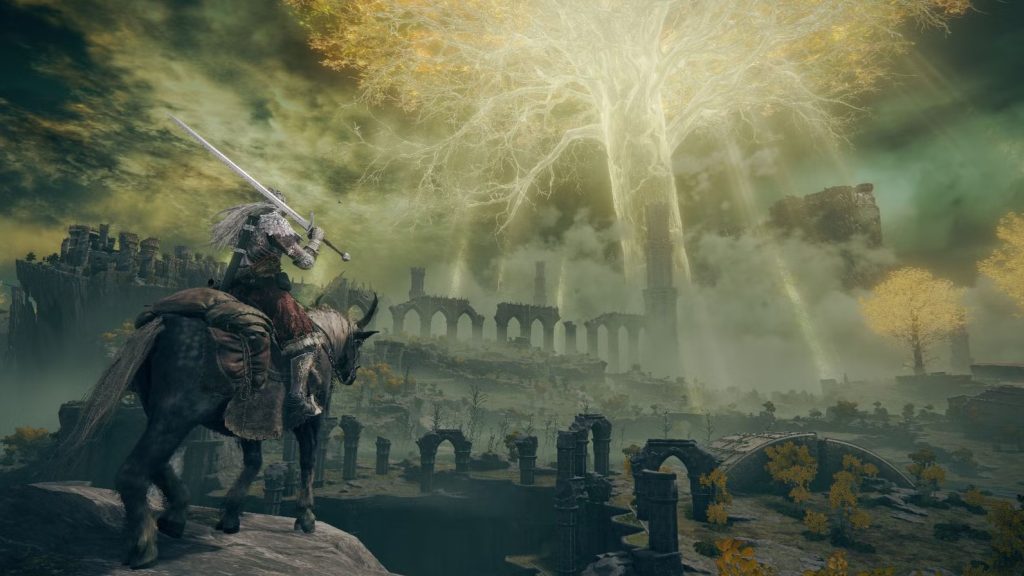 A Tarnished rides Torrent across the ruined Lands Between in Elden Ring, with the enormous glowing Erdtree towering over the landscape.