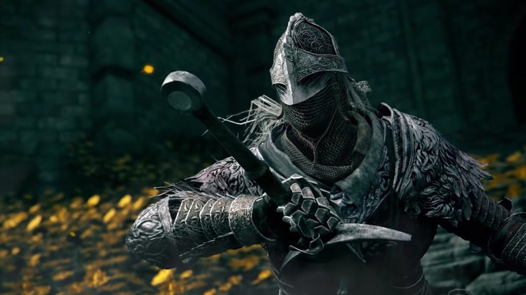 An armoured Tarnished grips a sword in Elden Ring, wearing an ornate silver helmet and intricately decorated plate armour.
