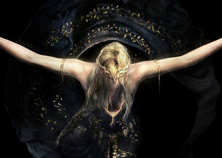 Queen Marika the Eternal hangs with her arms outstretched in darkness, her long golden hair falling across her face in Elden Ring. We hope the Elden RIng movie does justice to her