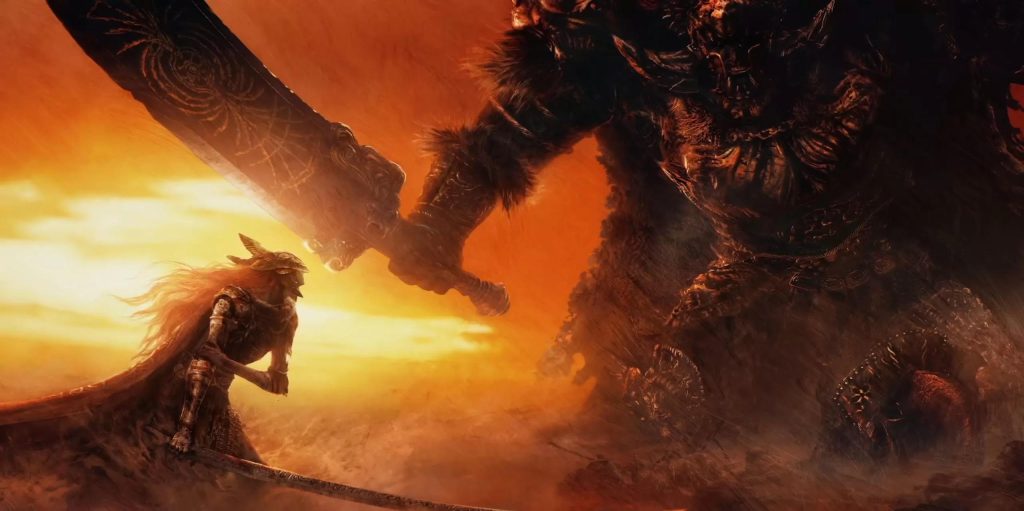 Malenia confronts General Radahn on a battlefield as the towering demigod raises one of his enormous swords against her in Elden Ring.