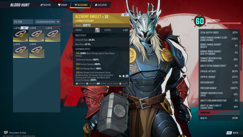 Marvel Rivals Blood Hunt screenshot showcasing the best Extended Effect rolls on for the Accessory gear slot. 