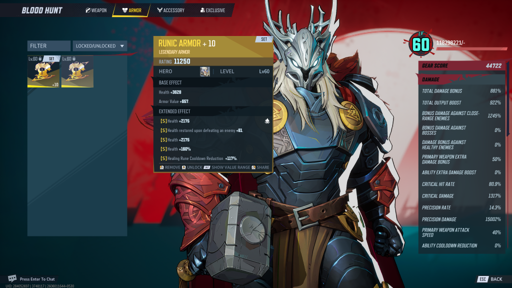 Marvel Rivals Blood Hunt screenshot showcasing the best Extended Effect rolls on for the Armor gear slot. 