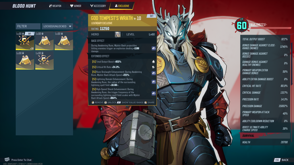 Marvel Rivals Blood Hunt screenshot showcasing the best Extended Effect rolls on for the Exclusive gear slot. 