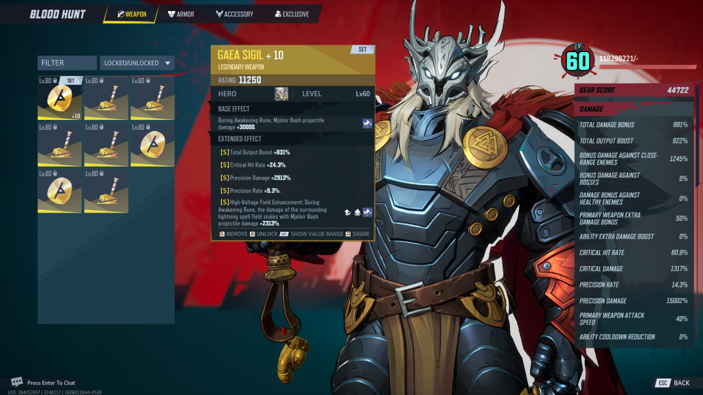 Marvel Rivals Blood Hunt screenshot showcasing the best Extended Effect rolls on for the Weapon gear slot. 