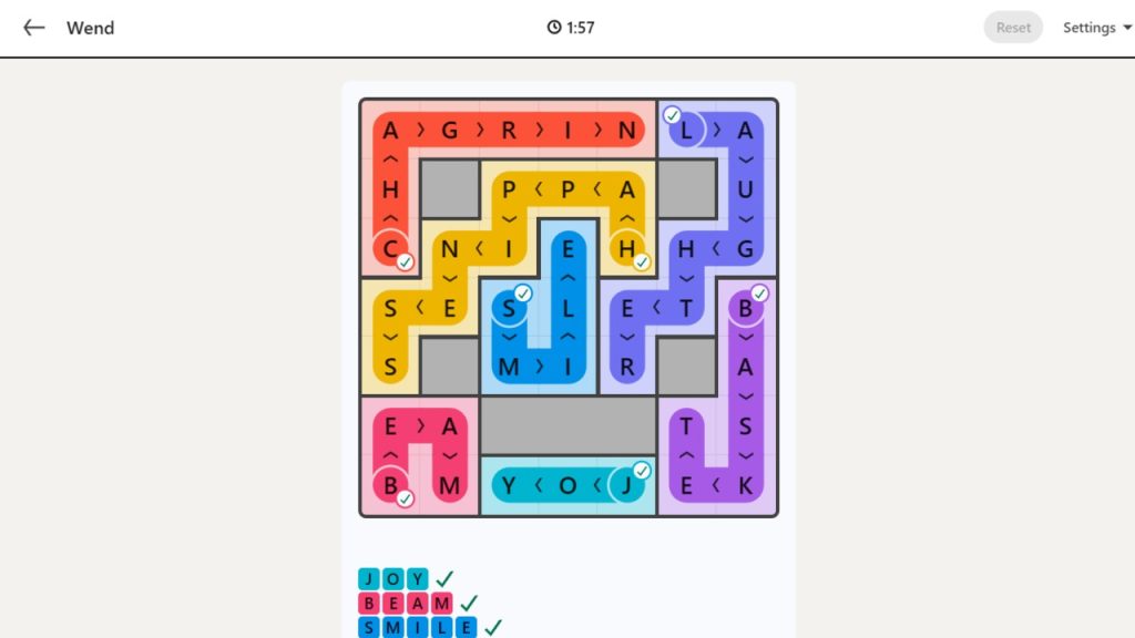 A screenshot of the LinkedIn Games Wends puzzle solution today.