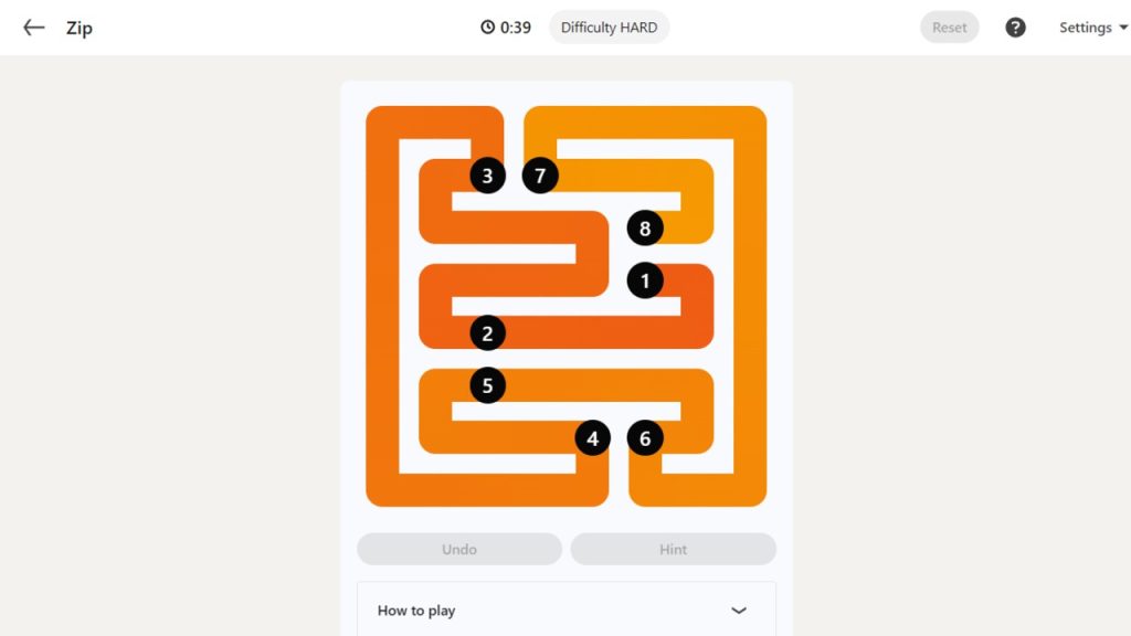 A screenshot of the LinkedIn Games Zip puzzle solution today.
