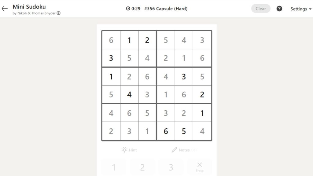 A screenshot of the LinkedIn Games Mini Sudoku solution today.