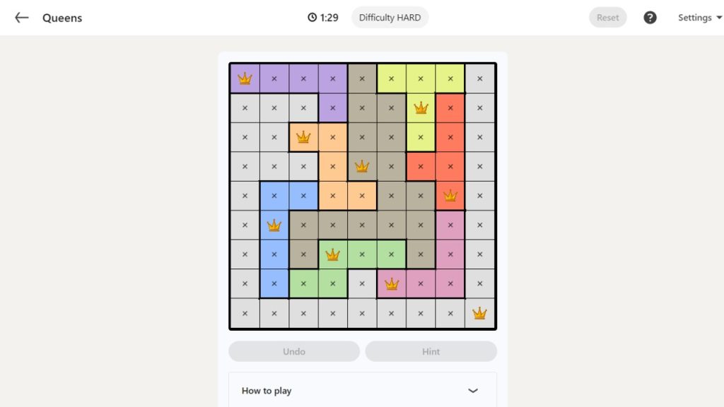 A screenshot of the LinkedIn Games Queens puzzle solution today.