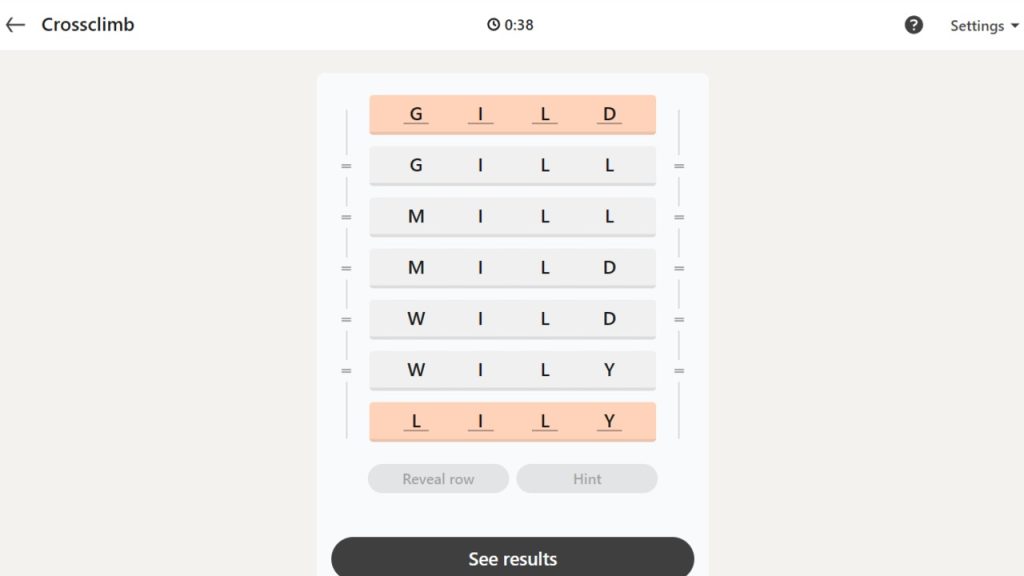A screenshot of the LinkedIn Games Crossclimb puzzle solution today.