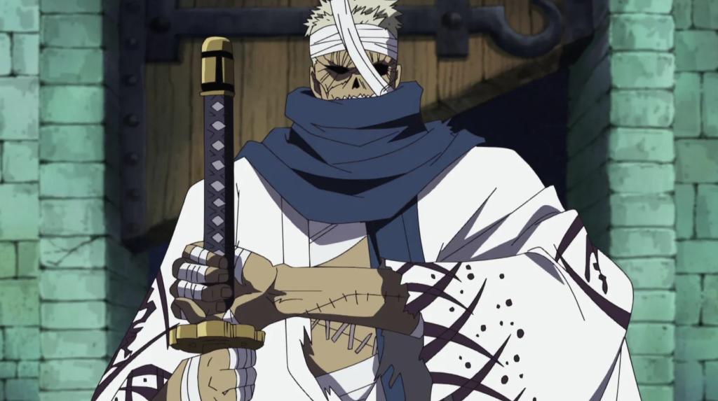 This character is Shimotsuki Ryuma from the One Piece anime series. He is shown holding his iconic blade, Shusui, which he possesses before Zoro defeats him.