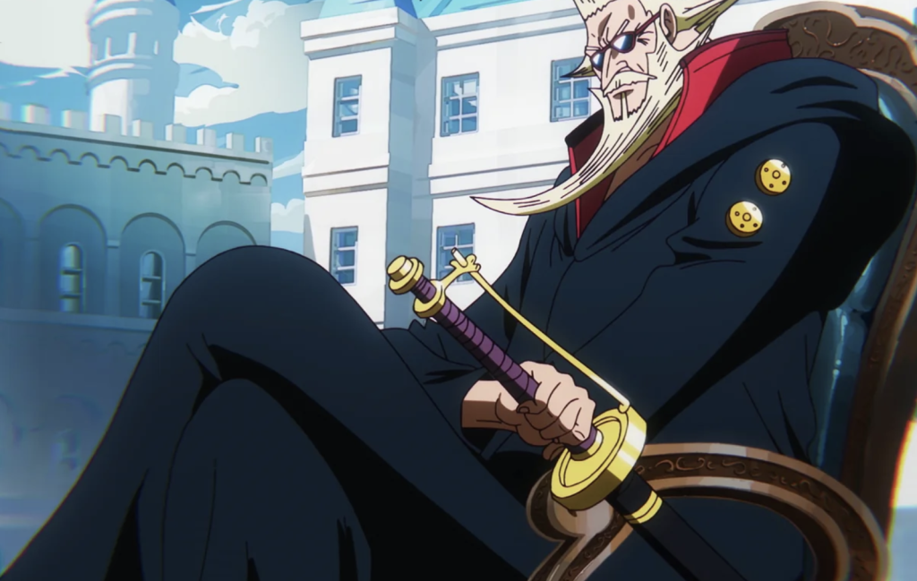 This character is Saint Figarland Garling from the One Piece anime series. He wields a sabre-style blade known as Tsukihime (Moon Princess).