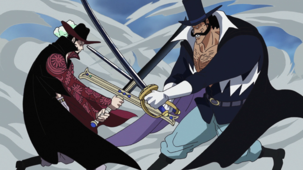 This image shows Dracule Mihawk clashing swords with Vista during the Marineford arc. Dracule Mihawk (left) vs. Vista of the Flower Swords (right).