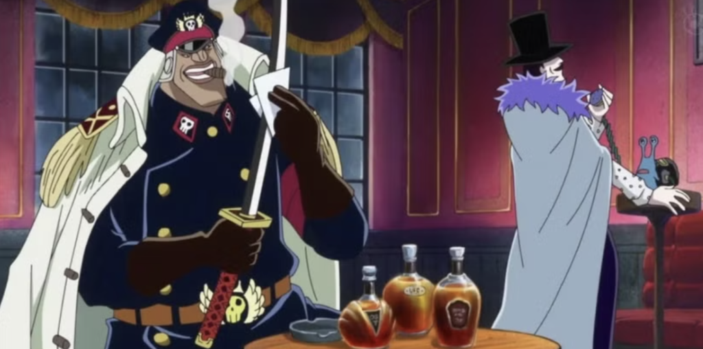 This image features Shiryu of the Rain from the series One Piece. He is shown holding his signature sword, Raiu, and smoking a cigar.