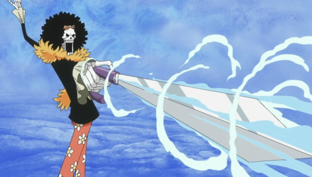 Brook from the series One Piece is shown wielding his sword, known as Soul Solid. The sword is a shikomizue (cane sword) that Brook uses to channel ice-based attacks.