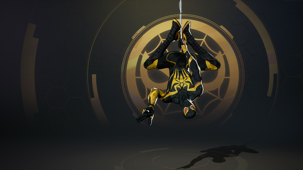 Marvel Rivals in-game screenshot showcasing the Spider-Man Black & Gold skin.