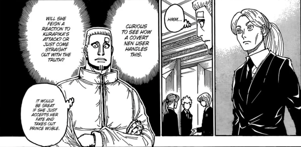 This image shows a scene from the Hunter × Hunter manga during the Succession Contest arc. The character in the foreground is Furykov, a bodyguard for Prince Benjamin. He is shown deducing information about other Nen users, specifically identifying Longhi as a suspect. 