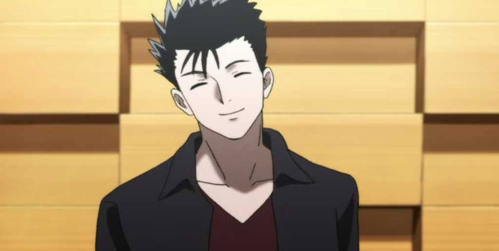 Ryo Shimazaki, from Mob Psycho 100, is depicted with his eyes closed and a slight smile while wearing a dark jacket over a red shirt.