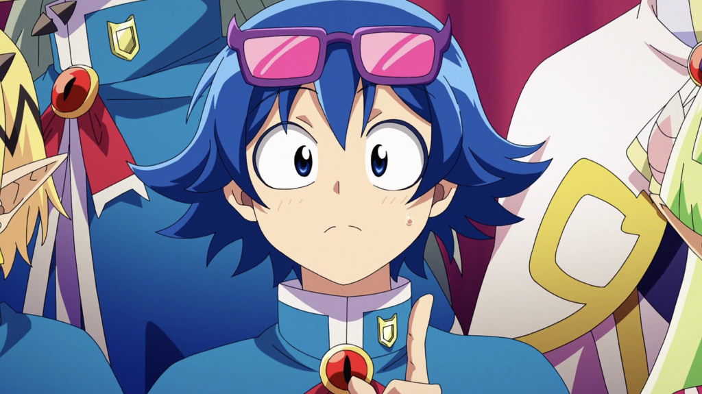 Iruma Suzuki from the anime series Welcome to Demon School! Iruma-kun is depicted wearing distinct pink-framed glasses.
