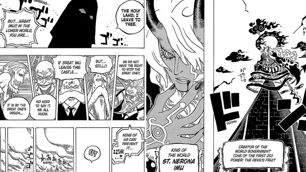 This panel features the first full appearance of Imu, the King of the World in One Piece.  Imu is identified as St. Nerona Imu, one of the original 20 creators of the World Government.  Imu has been alive since the Void Century, making them at least 800 years old.