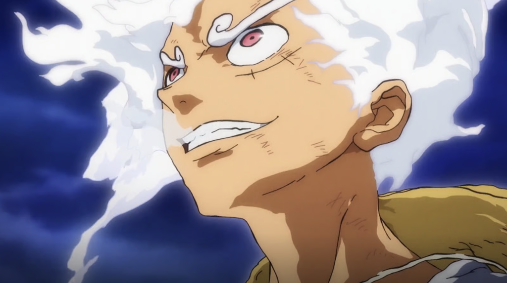 Toei Shatters a 15-Movie Tradition With One Piece Film: God Valley 16 This image depicts Monkey D. Luffy from the anime series One Piece in his Gear 5 transformation. The form features distinct white hair and eyebrows, which are reminiscent of clouds.