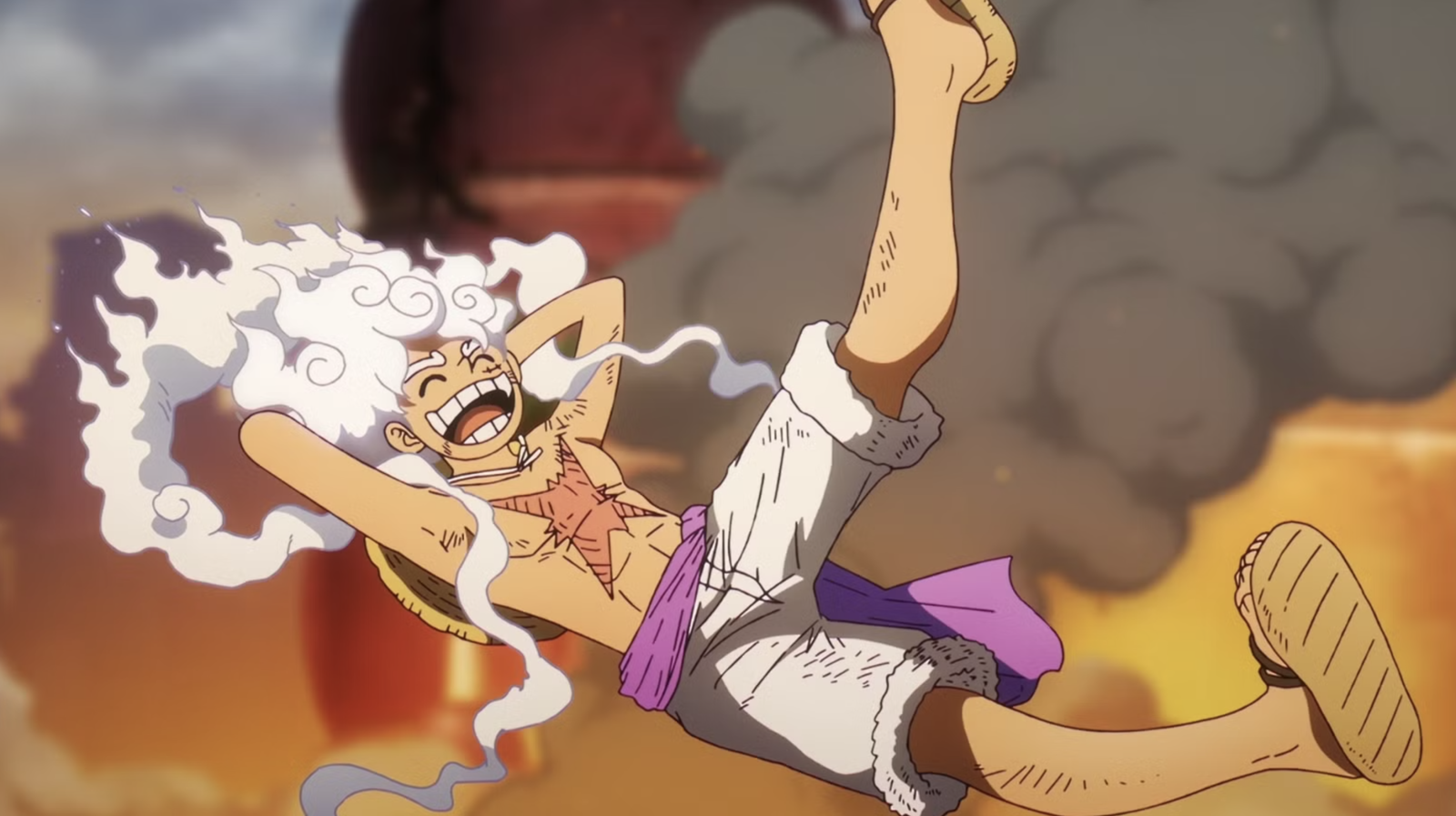 Hình ảnh này mô tả Monkey D. Luffy từ bộ anime One Piece ở dạng Gear 5.