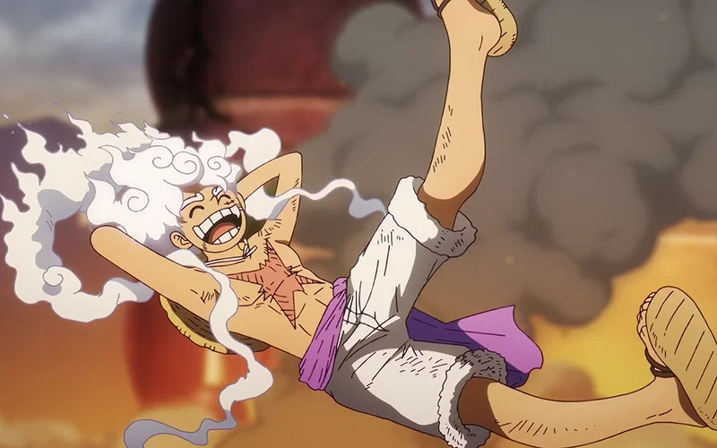 Hình ảnh này mô tả Monkey D. Luffy từ bộ anime One Piece ở dạng Gear 5.