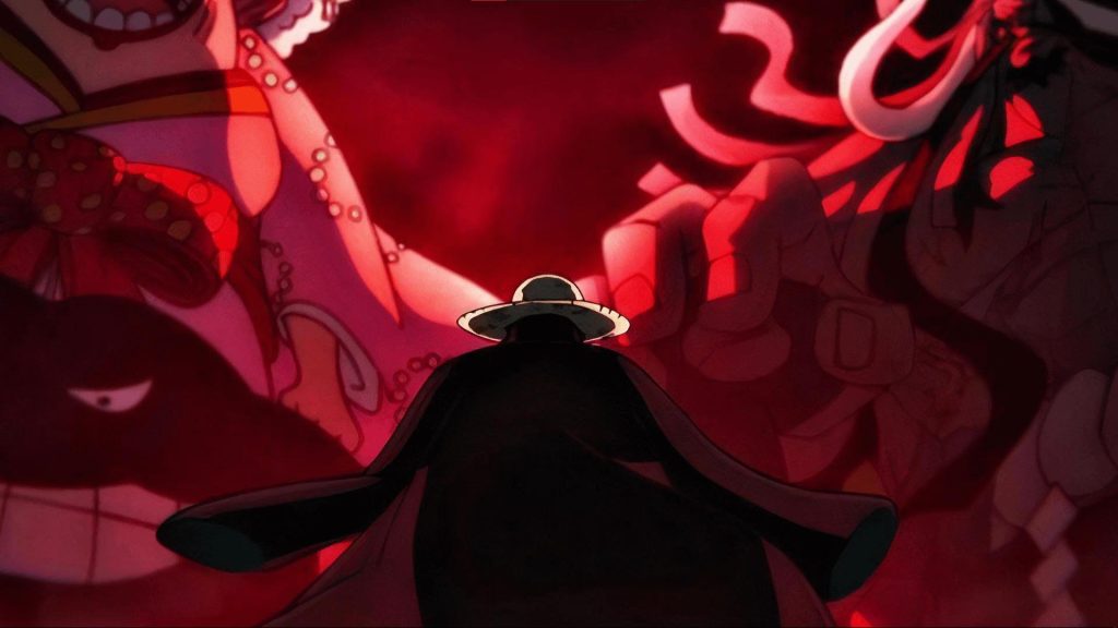 A iconic scene from the Onigashima Raid during the Wano Country Arc of One Piece anime. 