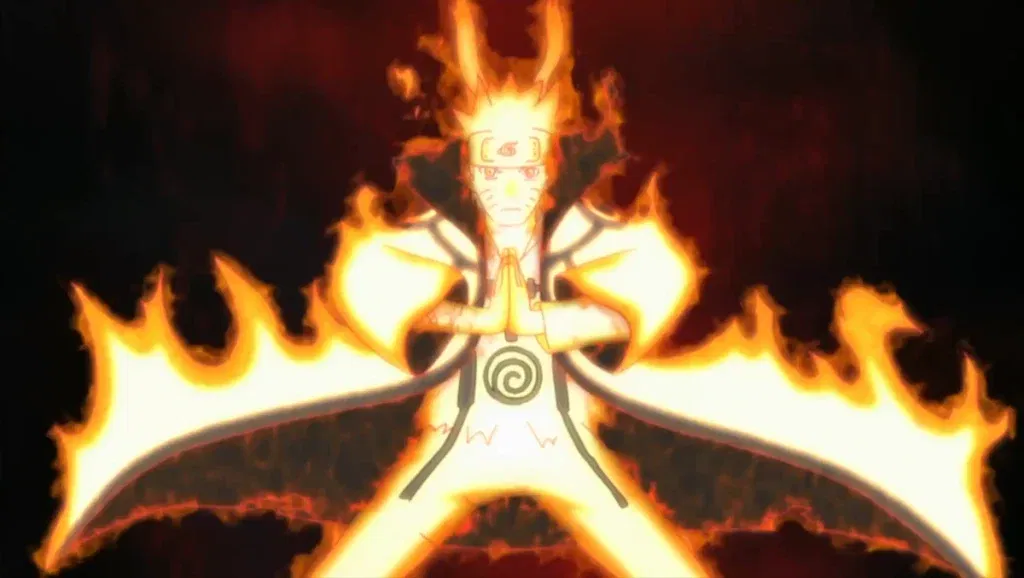 Naruto utilizes the chakra of the Nine-Tailed Fox, Kurama, causing a yellow, flame-like aura to coat his body.