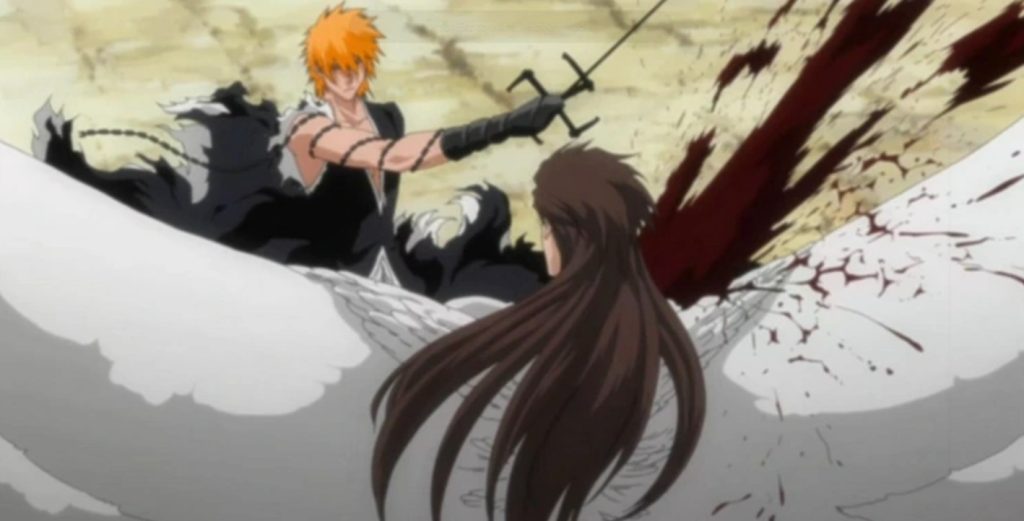 The battle features Ichigo using his Mugetsu form to overwhelm Aizen.