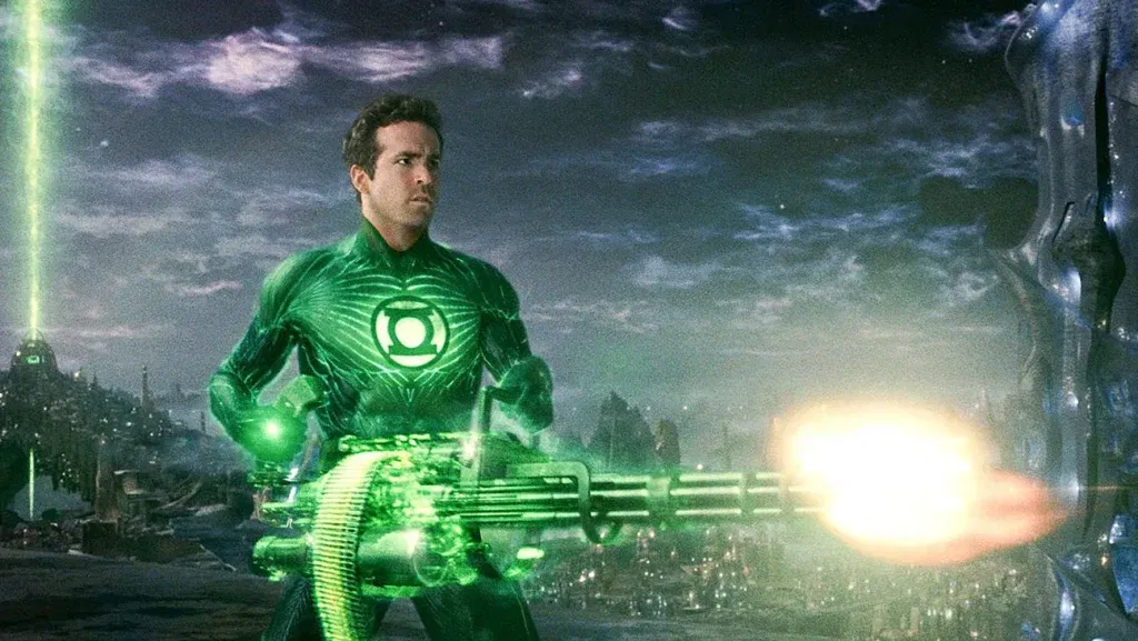 Green Lantern, wearing his glowing emerald suit, fires an energy-powered weapon during a battle in Green Lantern.