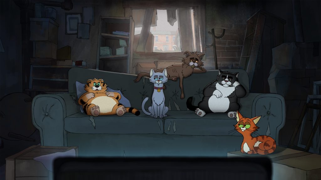 An Animated Comedy with Equal Parts Existential Dread and Vulgarity 1 "Five animated cats lounge on a worn couch in a shadowy, cluttered room, watching something intently, with light from a TV illuminating them, creating a cozy yet rundown and slightly somber atmosphere."