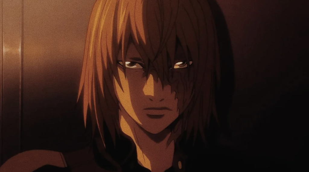 Mello from Death Note is depicted in this scene with prominent facial scarring. This character is known for being highly emotional, competitive, and impulsive compared to his counterpart, Near.
