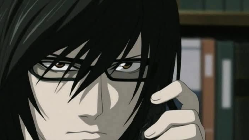 Teru Mikami from the anime Death Note is depicted holding a phone to his ear while wearing glasses.