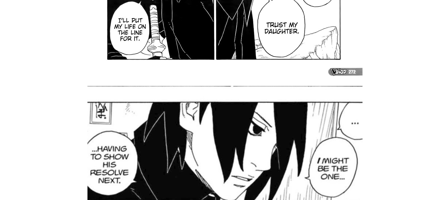  Naruto Next Generations Chapter 80. Although his own memories tell him Boruto is the enemy, Sasuke chooses to put his faith entirely in his daughter's emotional plea and resolve, deciding to aid Boruto and defect from the village once more.