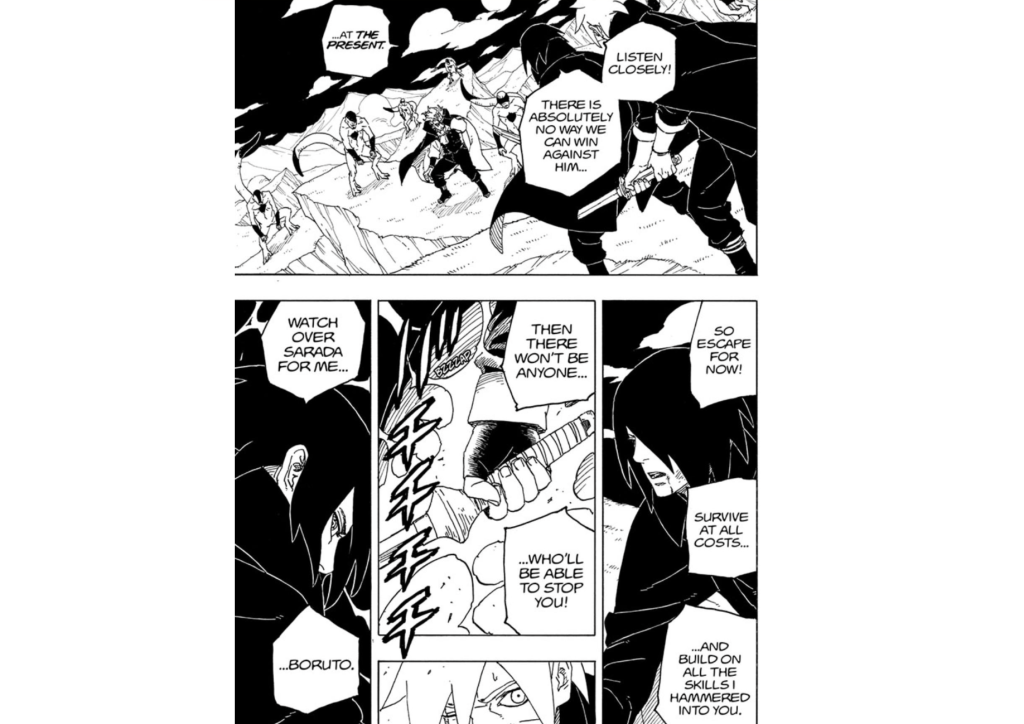  Two Blue Vortex Chapter 5 depicts a flashback where Sasuke Uchiha tells Boruto to escape and survive against Code, entrusting Sarada's safety to him before the events leading to Sasuke being trapped in a Divine Tree.