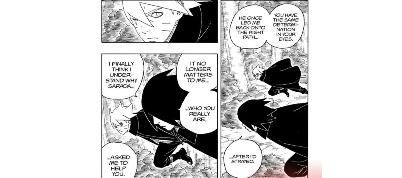 Sasuke warns Boruto about a hidden, escalating crisis tied to Eida's Omnipotence that only Boruto and Sarada can resolve because they are immune to its memory-altering effects.