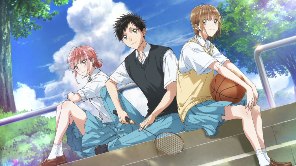 The image features characters Hina Chono, Taiki Inomata, and Chinatsu Kano from the sports romance anime and manga series Blue Box (Ao no Hako).