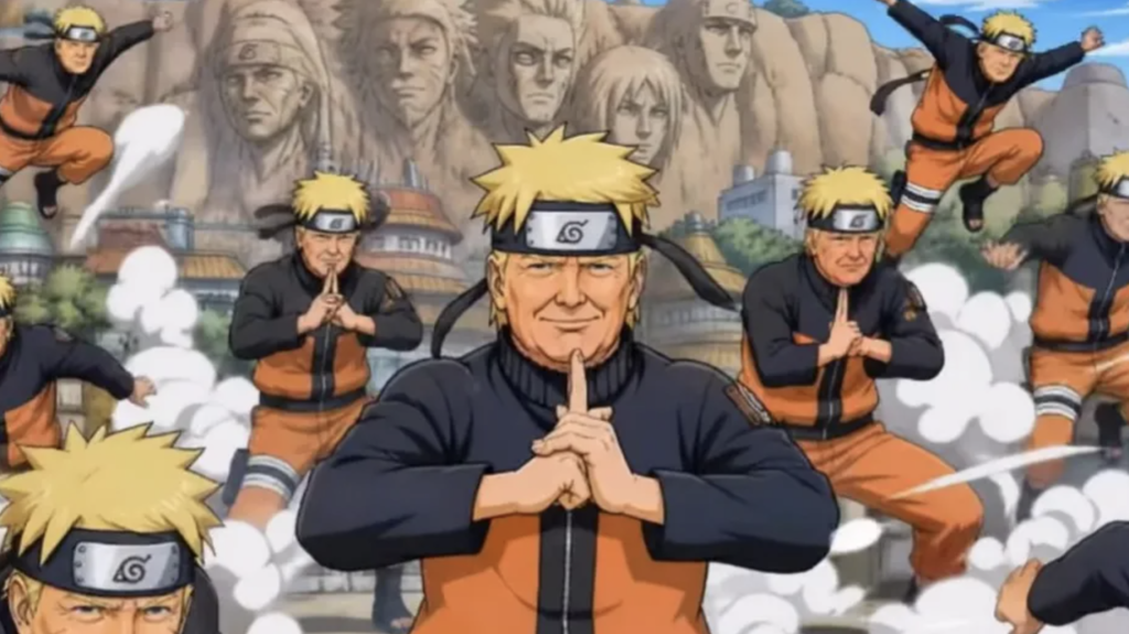 The image depicts an AI-generated composite of U.S. President Donald Trump's face on the body of Naruto Uzumaki, performing a hand sign with multiple shadow clones in the background.