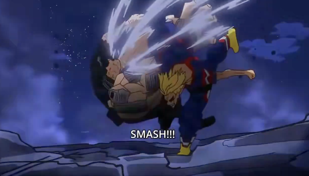 The image depicts an All Might from My Hero Academia anime series saying "United State Smash", a clip that was used by Donald Trump for a White House war promotional political video on X. 