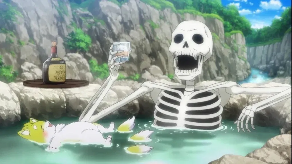 Arc, a skeleton warrior relaxing in a hot spring.