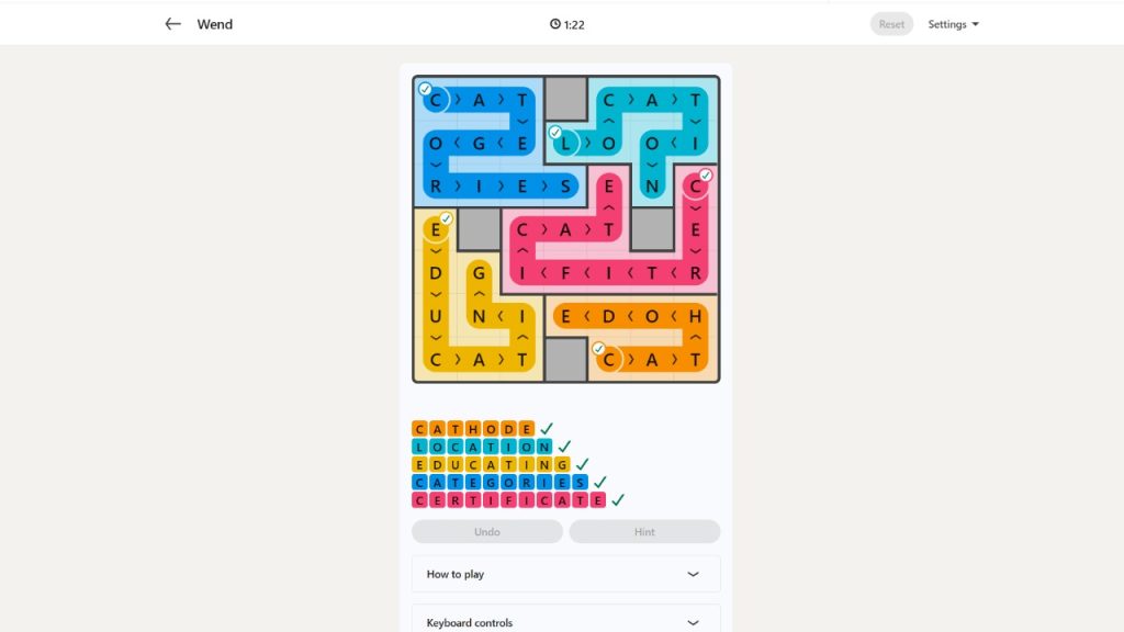 A screenshot of the LinkedIn Games Wend solution today.