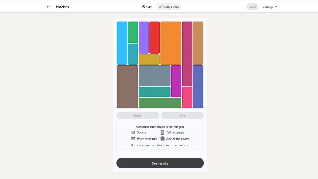 A screenshot of the LinkedIn Games Patches puzzle solution today.