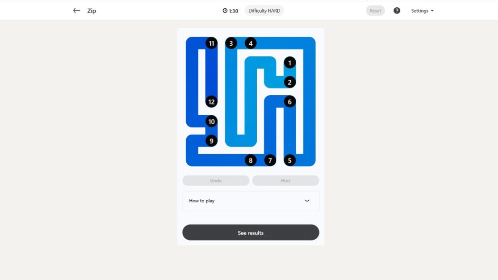 A screenshot of the LinkedIn Games Zip puzzle solution today.