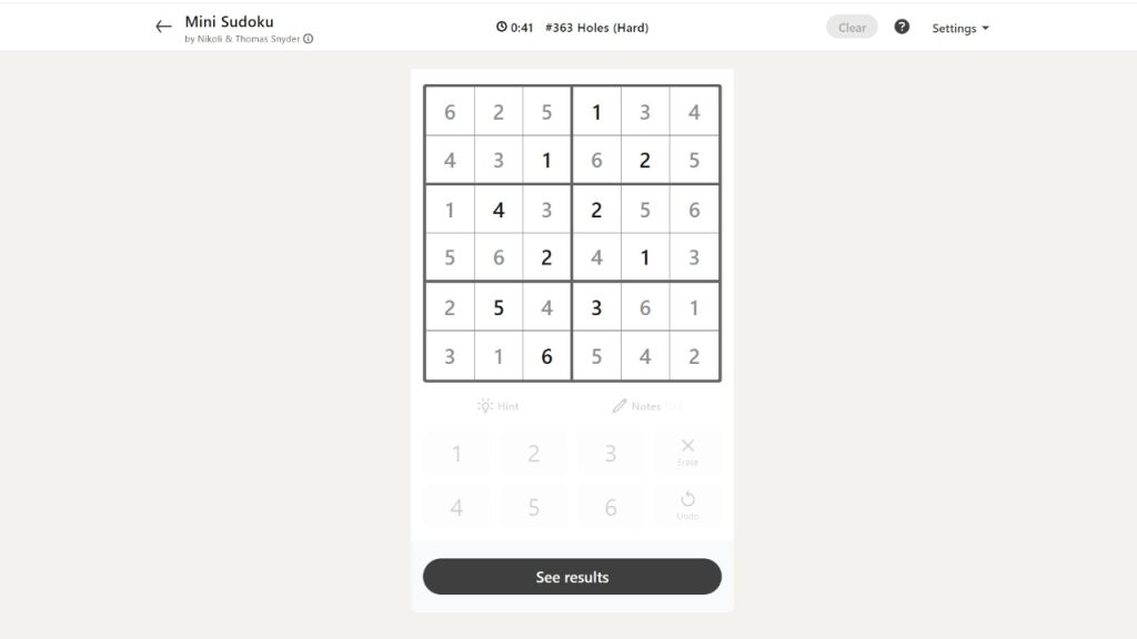 A screenshot of the LinkedIn Games Mini Sudoku solution today.