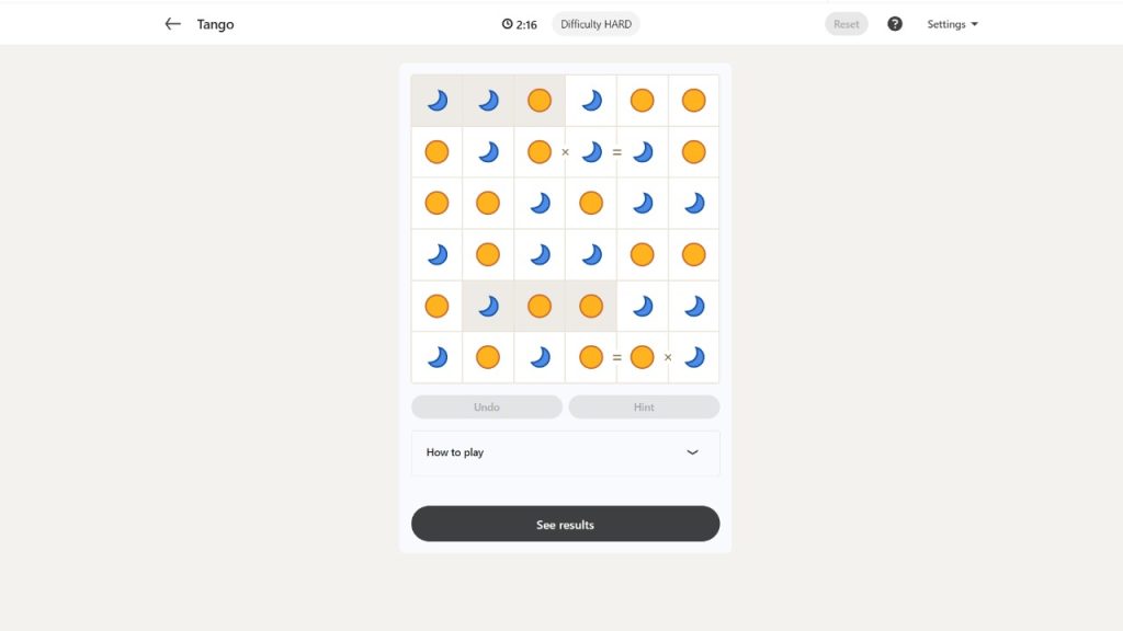 A screenshot of the LinkedIn Games Tango puzzle solution today.