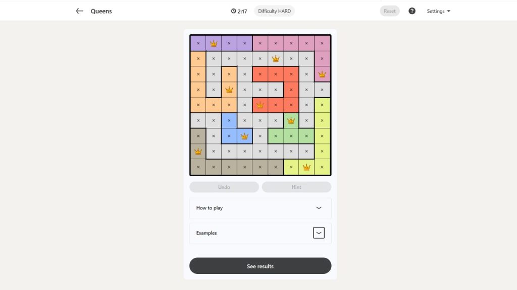 A screenshot of the LinkedIn Games Queens puzzle solution today.