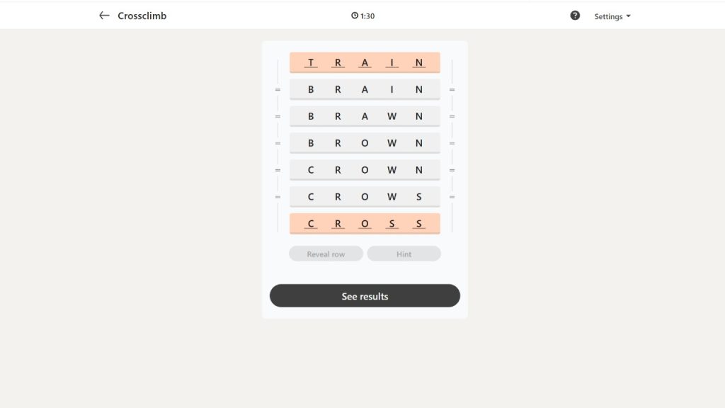 A screenshot of the LinkedIn Games Crossclimb puzzle solution today.