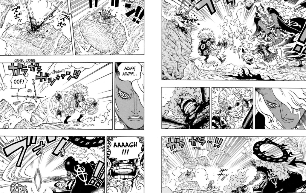Gaban blocks Imu's attack and save Luffy from Imu in One Piece Chapter 1190. 