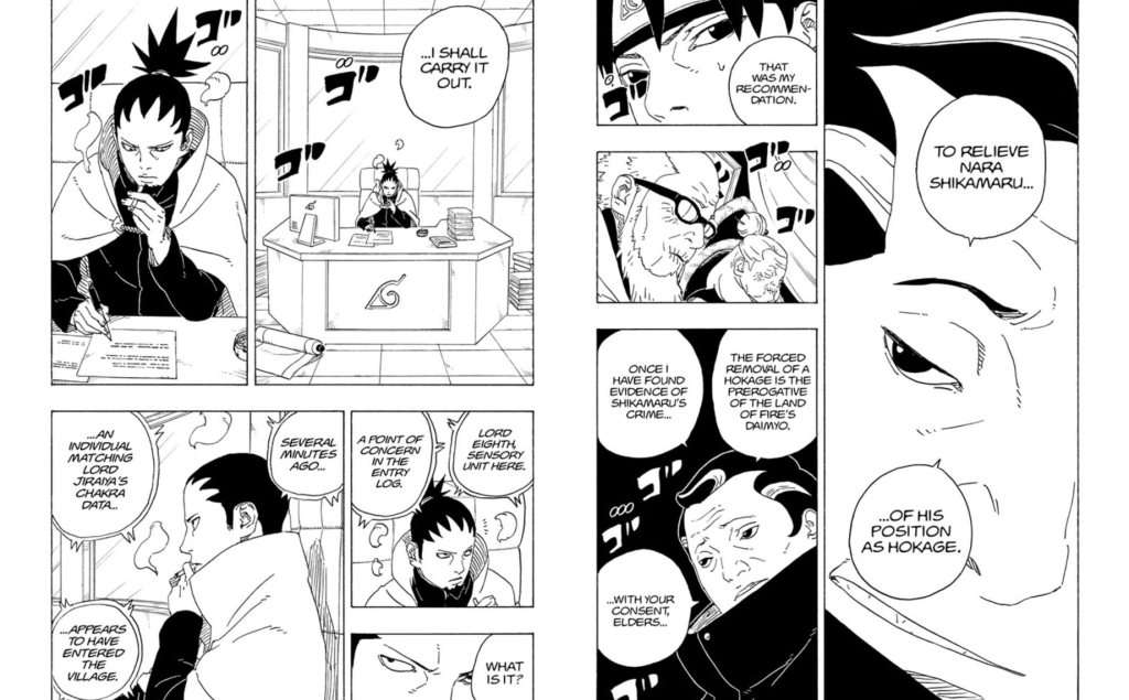  Two Blue Vortex, featuring Shikamaru Nara in conversation and deep tactical discussion. Shikamaru is dealing with high-stress administrative and strategic burdens as the Eighth Hokage, managing covert communications and assessing ongoing threats to Konoha.