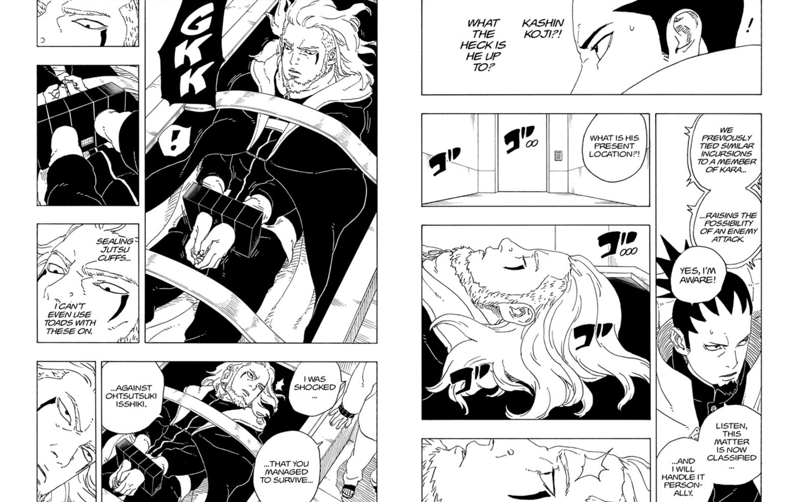  Two Blue Vortex, focusing on dialogue and confrontation involving characters like Shikamaru and interactions tied to Kashin Koji and Amado's plans. The panels depict tense communication and reactions at the Leaf Village/Headquarters as intelligence regarding Kashin Koji and potential threats is evaluated.